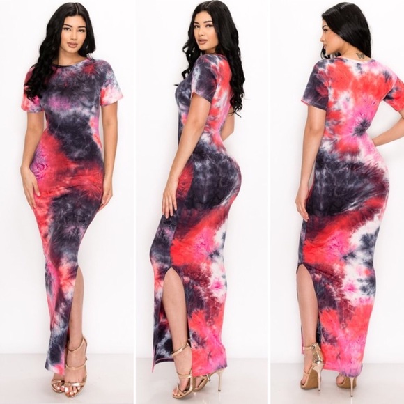 Tie Dye Bodycon Maxi Dress (Red Multi) - Picture 1 of 3